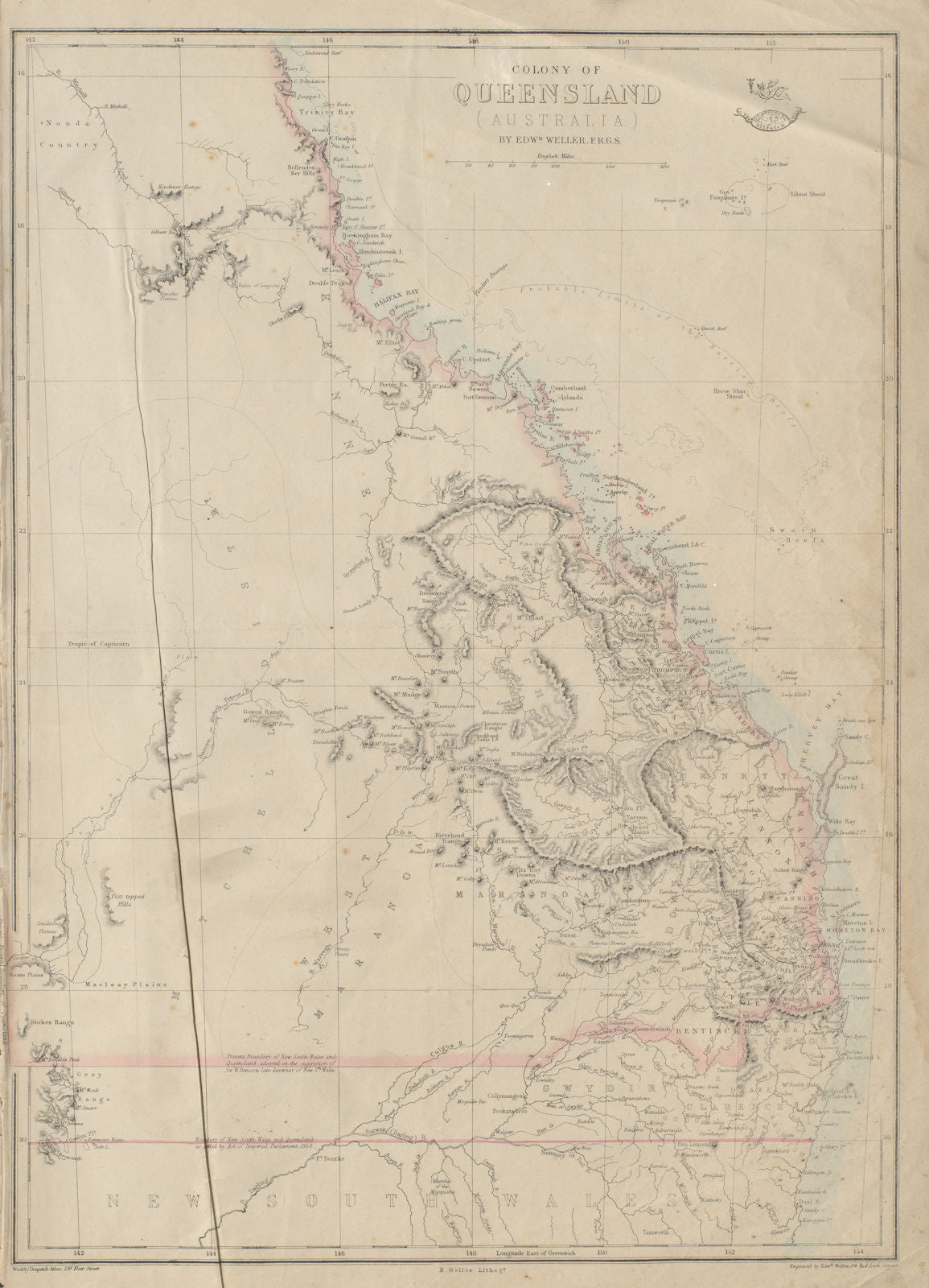 'COLONY OF QUEENSLAND (AUSTRALIA)'. Current & 1850 NSW border. WELLER 1862 map